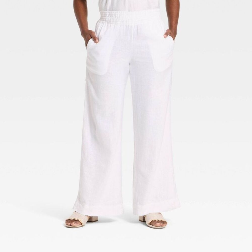 Women's Linen Wide Leg Pull-On Pants - A New Day White S Long